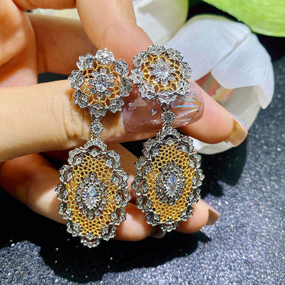 New Brushed Craft Palace Style Earrings Heavy Industry Lace Through Flower Two-color Earrings