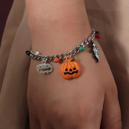 Halloween Punk Chunky Chain Pumpkin Imp Skull Pendant Bracelet