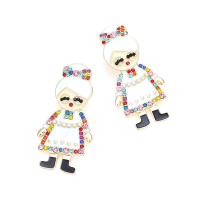 Christmas Cartoon Character Earrings New Christmas Grandma Dripping Oil Earrings Exaggerated Full Color Zircon Earrings