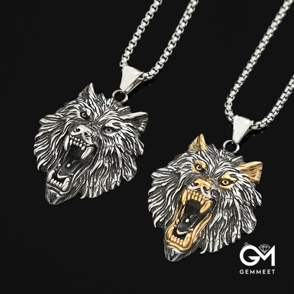 Stainless Steel Viking Wolf Head Hip Hop Necklace