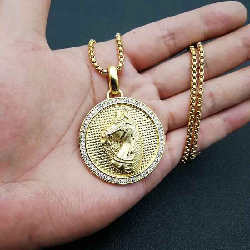 Hiphop Jewelry Titanium Steel Gold-plated Inlaid Zircon Disc Horse Head Pendant