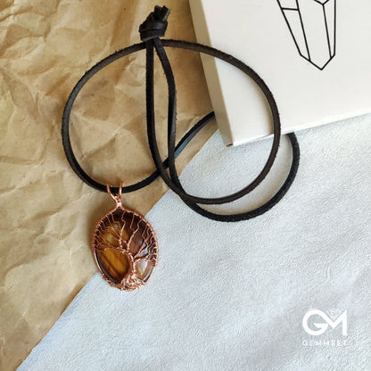 Oval Tiger Eye Tree of Life Stone Necklace