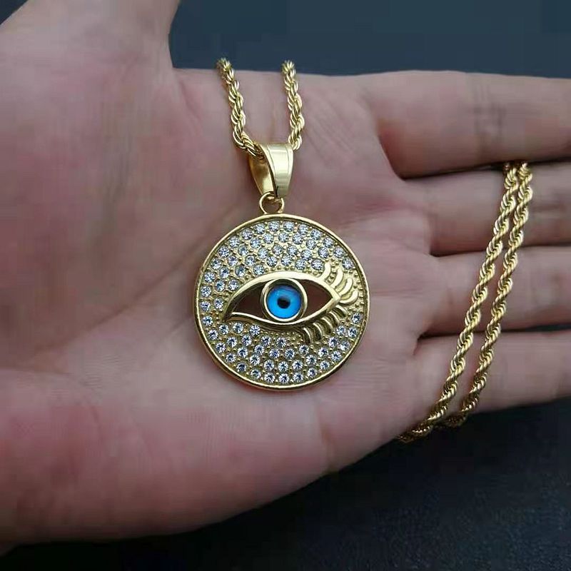 Hip Hop Gold Plated Zirconia Blue Eyes Circle Pendant