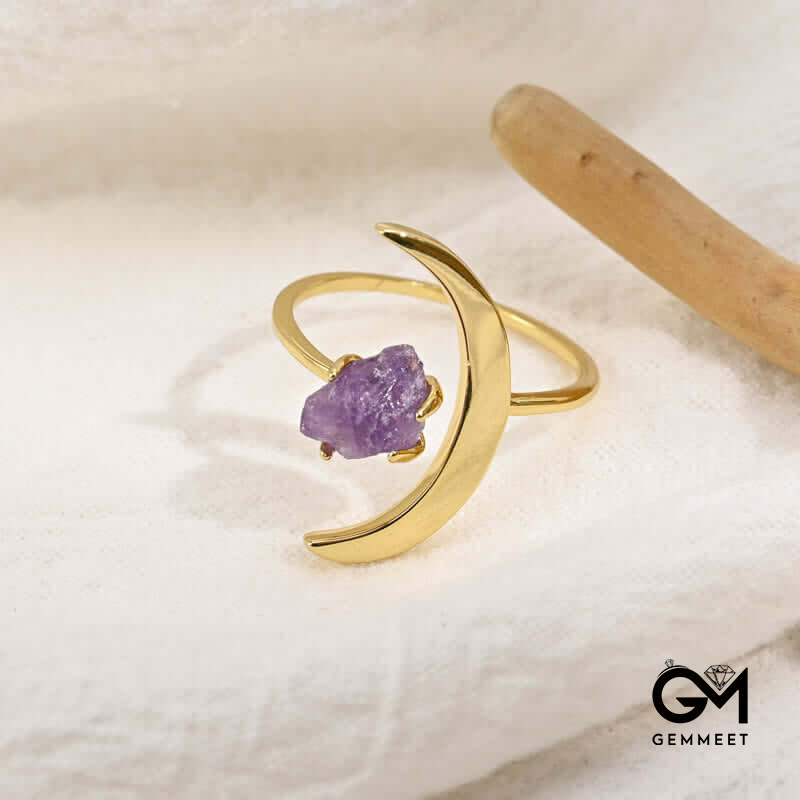 Star And Moon Amethyst Healing Adjustable Ring