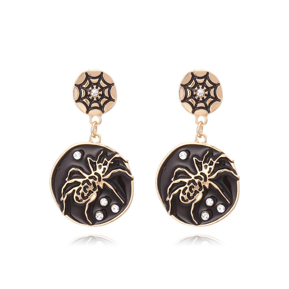 Halloween Inlaid Zircon Spider Earrings Personality Temperament Alloy Dripping Oil Spider Web Earrings Dark Earrings