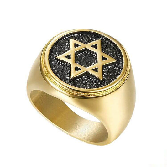 Gold Plated Titanium Steel Hexagram of David Ring for Men