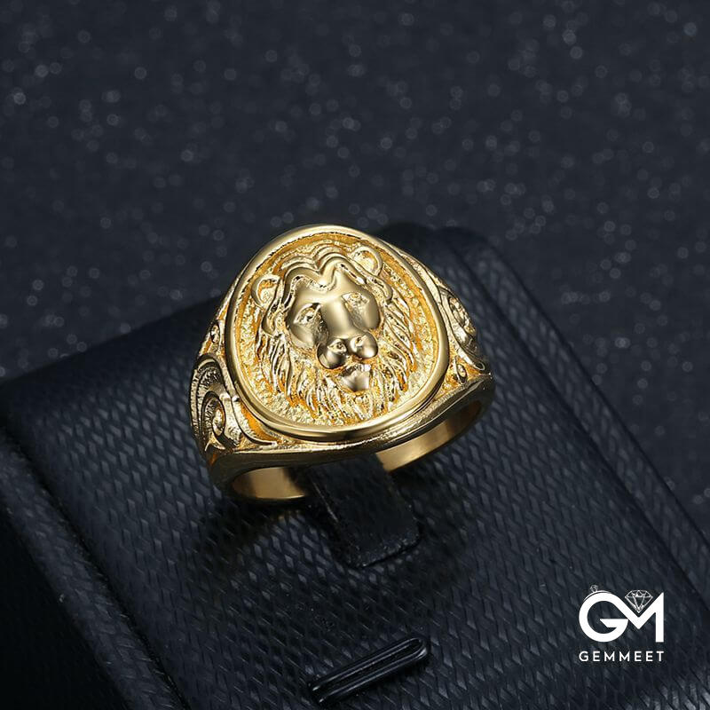 Vintage Punk Animal Lion Head Grass Pattern Men's Ring