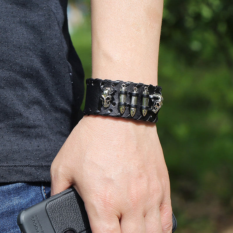 Punk Leather Bullet Skull Bracelet