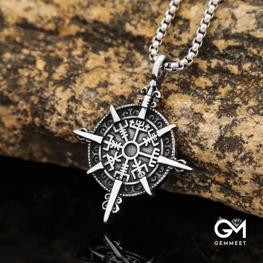 Vintage Stainless Steel Compass Rune Necklace