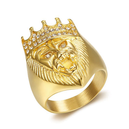 HIPHOP Jewelry Gold-plated Inlaid Zircon Crown Lion Head Ring