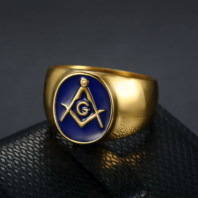 HIPHOP Jewelry Titanium Steel Gold Plated Blue Glue Masonic AG Men's Ring