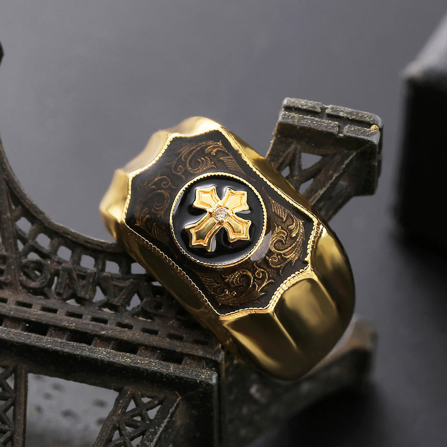 Golden Cross Black Onyx Carved Men Ring