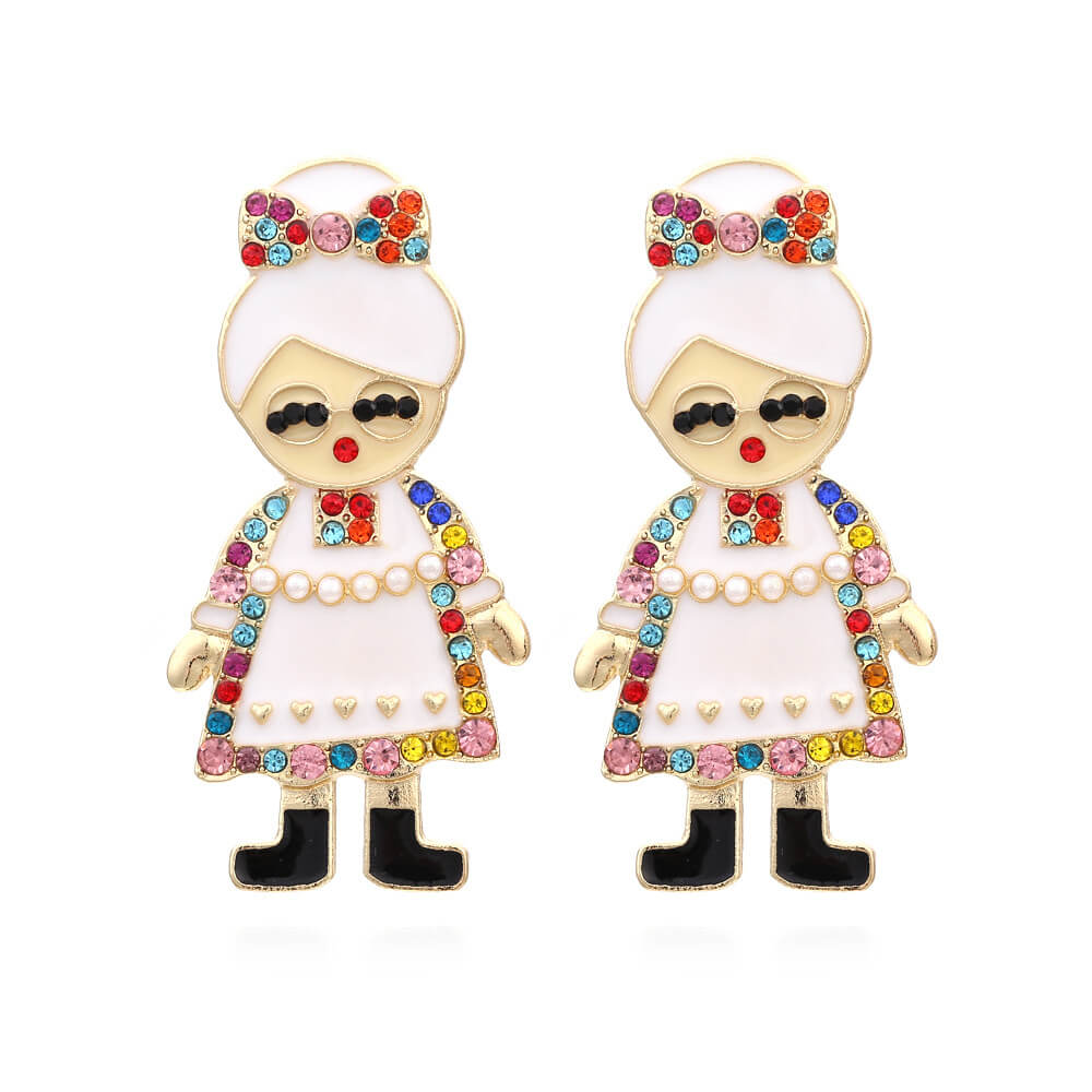 Christmas Cartoon Character Earrings New Christmas Grandma Dripping Oil Earrings Exaggerated Full Color Zircon Earrings