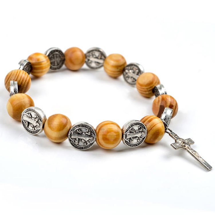 Natural Wood Stretch Cord Alloy Cross Rosary Bracelet