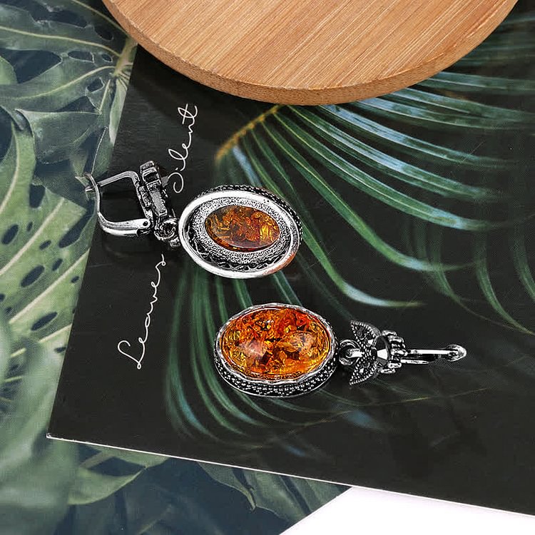 Retro Floral Silver Amber Earrings