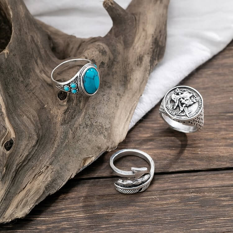 Turquoise Arrow Feather Skull Ring Set