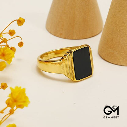 Retro Striped Square Obsidian Titanium Steel Ring