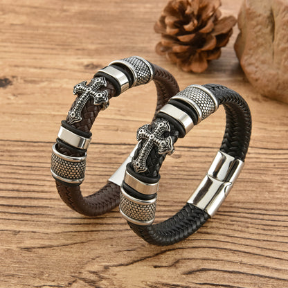 Cross Leather Braided Bracelet with Magnetic Buckle for Men