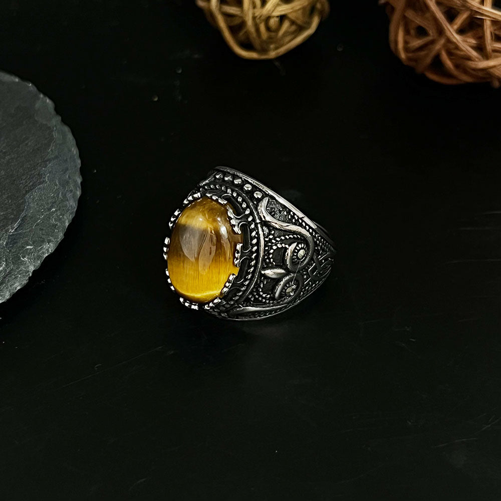 Vintage Large Tiger Eye Stone Mens Ring