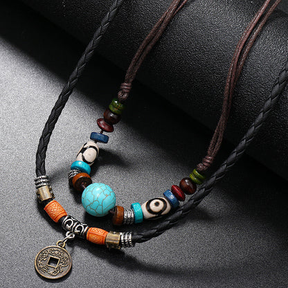 Vintage Layered Turquoise Beaded Braided Leather Antique Coin Pendant Necklace