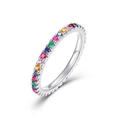 White Gold Prong Common Rainbow Stones Band Ring