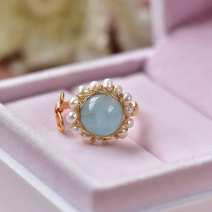 Aquamarine With Pearl Retro Ring