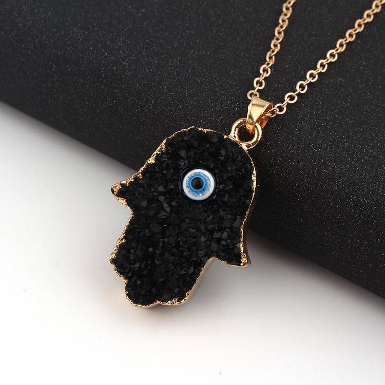 Hamsa Evil Eye Obsidian Clear Crystal Necklace