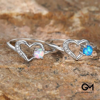 "Deep in Heart" - Simple Circular Opal Hollow Heart Ring