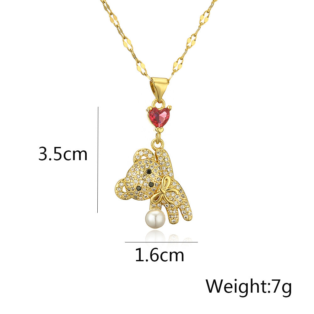 Cut Full Stones Bear Pendant Necklace