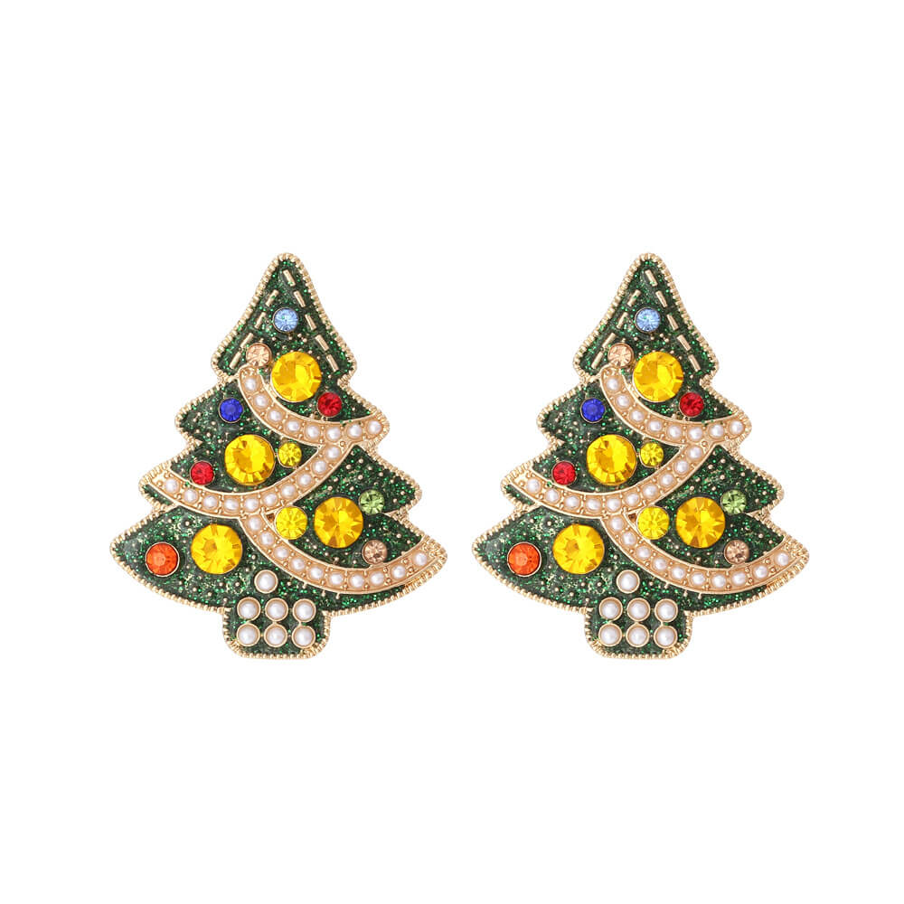 Christmas New Cute Earrings Colorful Zircon Imitation Pearl Christmas Tree Earrings Fashion Alloy Oil Drip Earrings