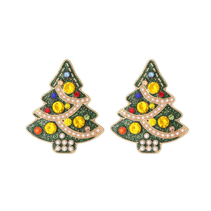 Christmas New Cute Earrings Colorful Zircon Imitation Pearl Christmas Tree Earrings Fashion Alloy Oil Drip Earrings