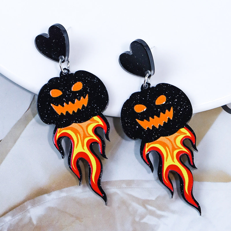 Halloween Flame Demon Pumpkin Head Acrylic Earrings