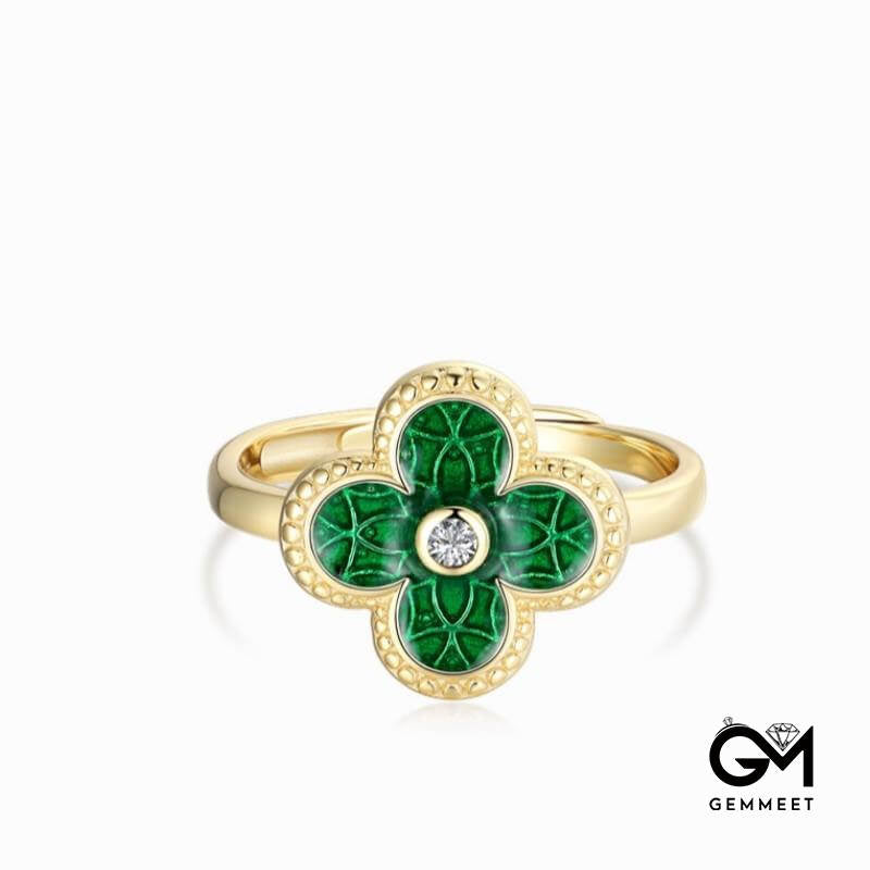 S925 Sterling Silver Green Four-leaf Clover Ring