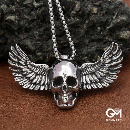 Stainless Steel Feathered Skull Necklace