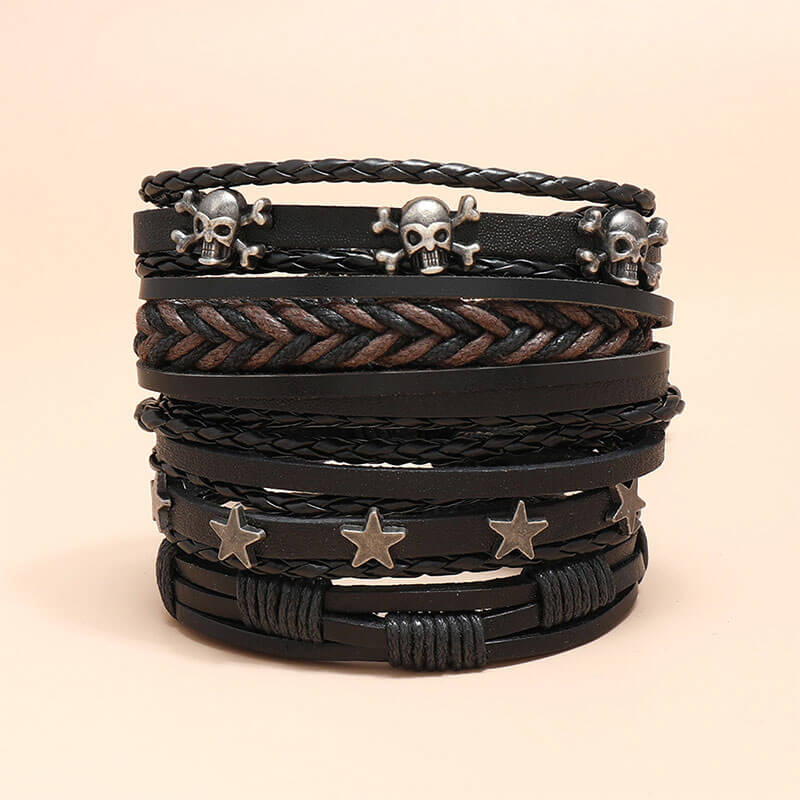 Set of Five Vintage Woven Layered Leather Bracelets