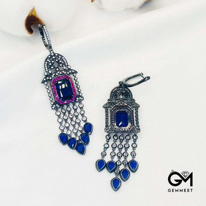 Square Hollow Blue Stone Tassel Drop Earrings