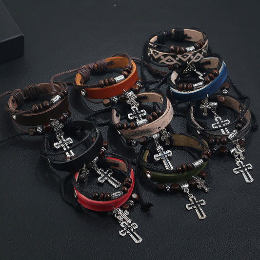 Double Cross Multilayer Leather Bracelet Simple Retro Leather Bracelet