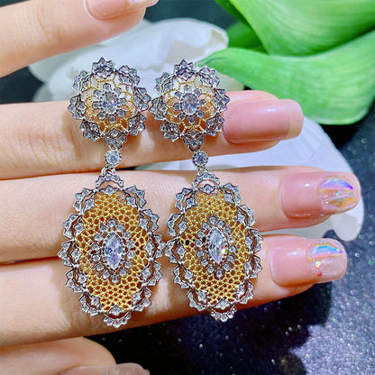 New Brushed Craft Palace Style Earrings Heavy Industry Lace Through Flower Two-color Earrings