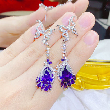 New Butterfly Stud Earrings Water Drop Pear Shaped Amethyst Long Zircon Earrings