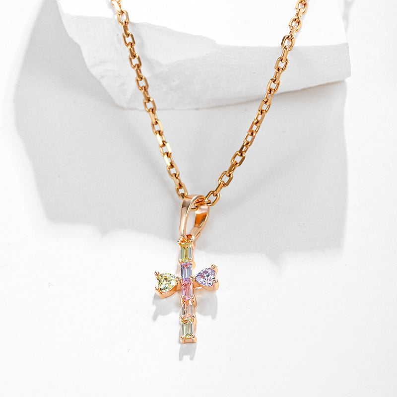 Colored Zircon Cross Clavicle Chain for Women