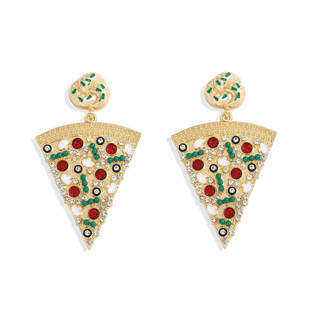 Exquisite Pizza Earrings Set with Zircon and Oil-dropped Mushroom Earrings