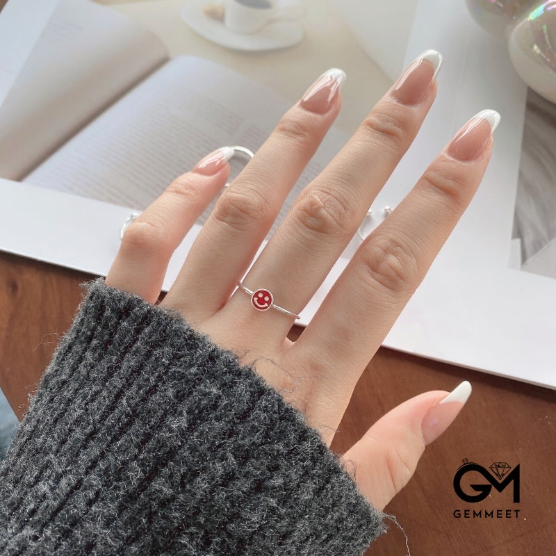 S925 sterling Silver Red Dripping Smiley Ring