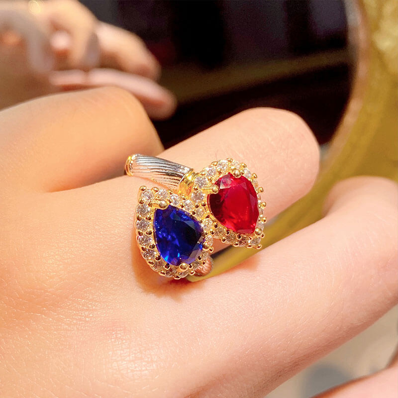 Antique Brushed Two-Tone Gold Imitation Ruby and Sapphire Ring