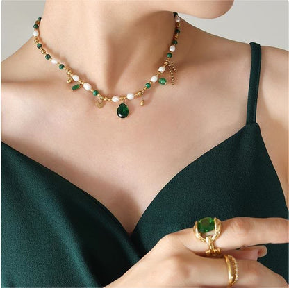 Emerald Pearl Beaded Non Fading Golden Necklace