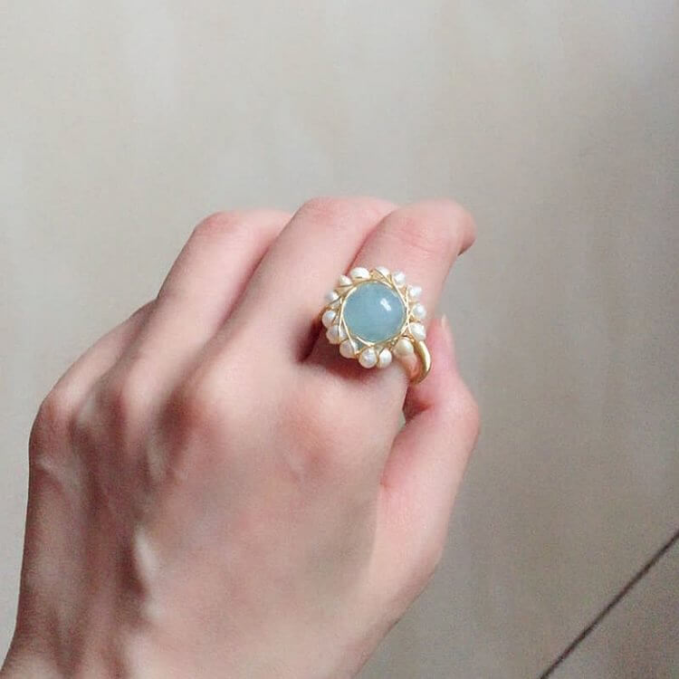 Aquamarine With Pearl Retro Ring