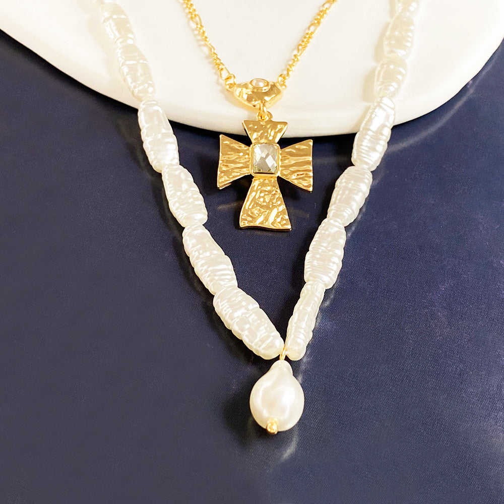 Two-tiered Pearl Beaded Cross Necklace