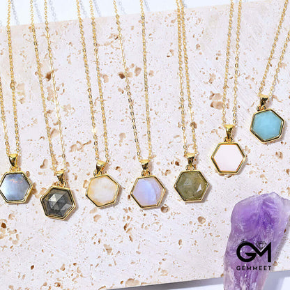 Gold Wire Natural Hexagon Gemstone Necklace