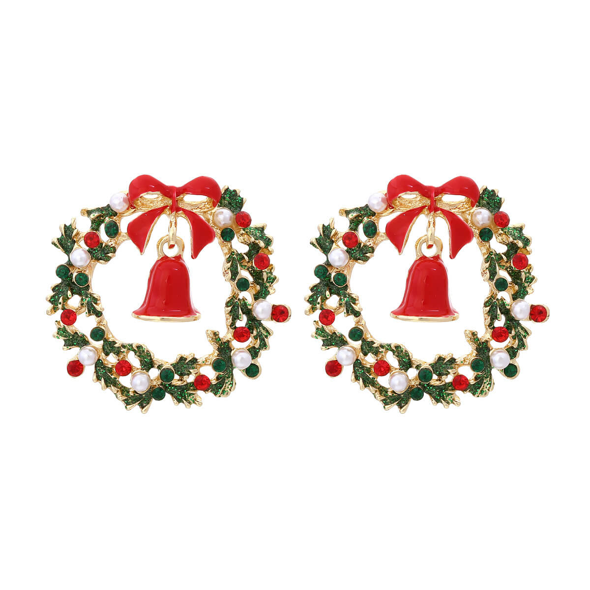 Christmas Earrings Colorful Garland Inlaid Imitation Pearl Zircon Bow Knot Bell Earrings