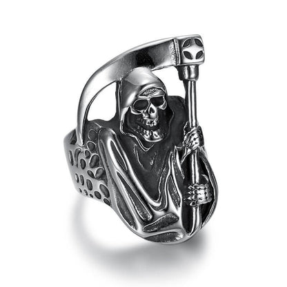 Halloween Punk Vintage Ring Polished Skull Reaper's Scythe Men's Ring