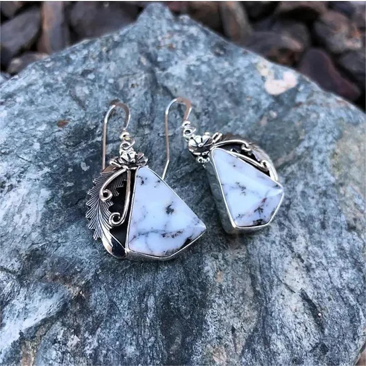 White Turquoise Silver Carved Feather Earrings